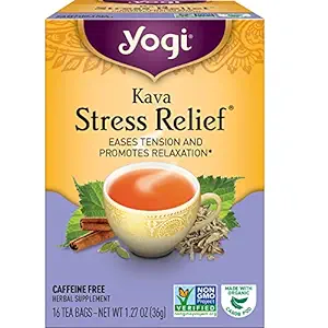 A product image of Yogi's Stress Relief Kava tea with yellow and lavender packaging.