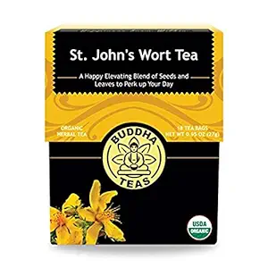 A product image of a box of Buddha Tea's St. Johns Wort Tea in black and yellow packaging.