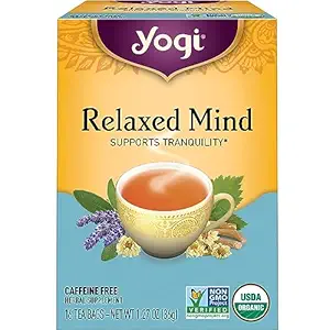 A product image of Yogi's Relaxed Mind tea with yellow and light blue packaging.