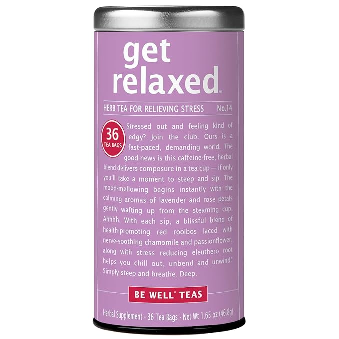 A product image of The Republic of Tea's Get Relaxed tea in a cylindrical lavender colored container.