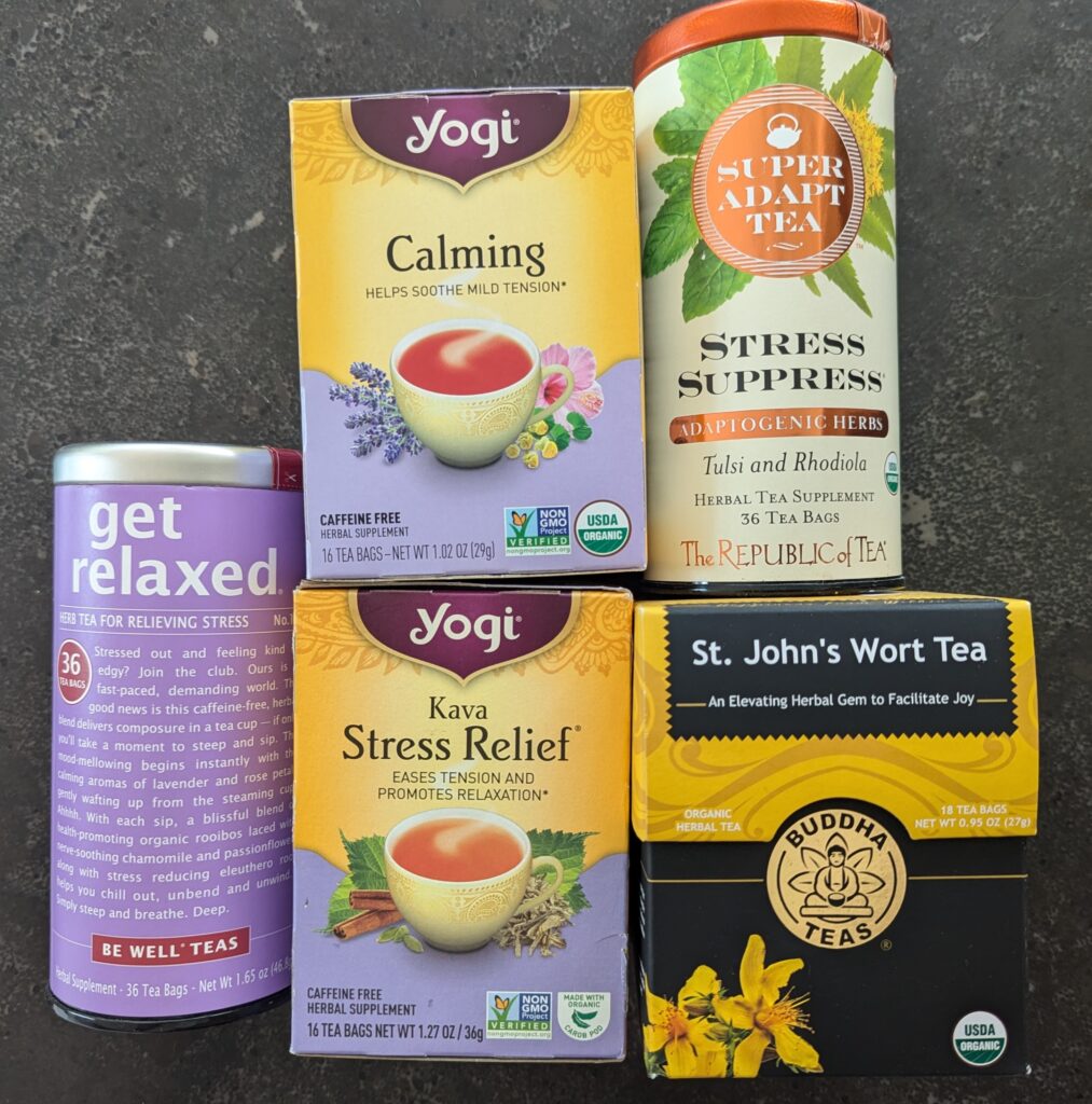 A photo of a selection of teas, all meant to help relax and calm the drinker.