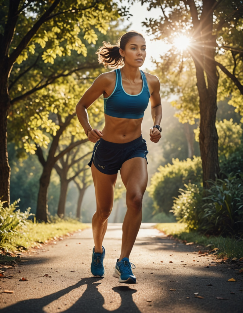 An AI-generated image of a woman in sports apparel going for an outdoor run with the sun shining behind her.