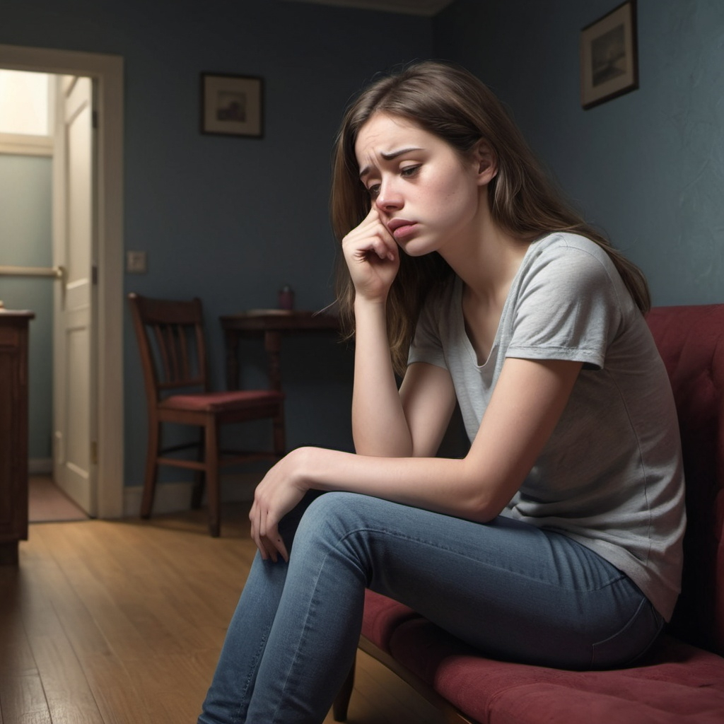 An AI-generated image of a young woman looking anxious, sitting down on a couch in an empty home.