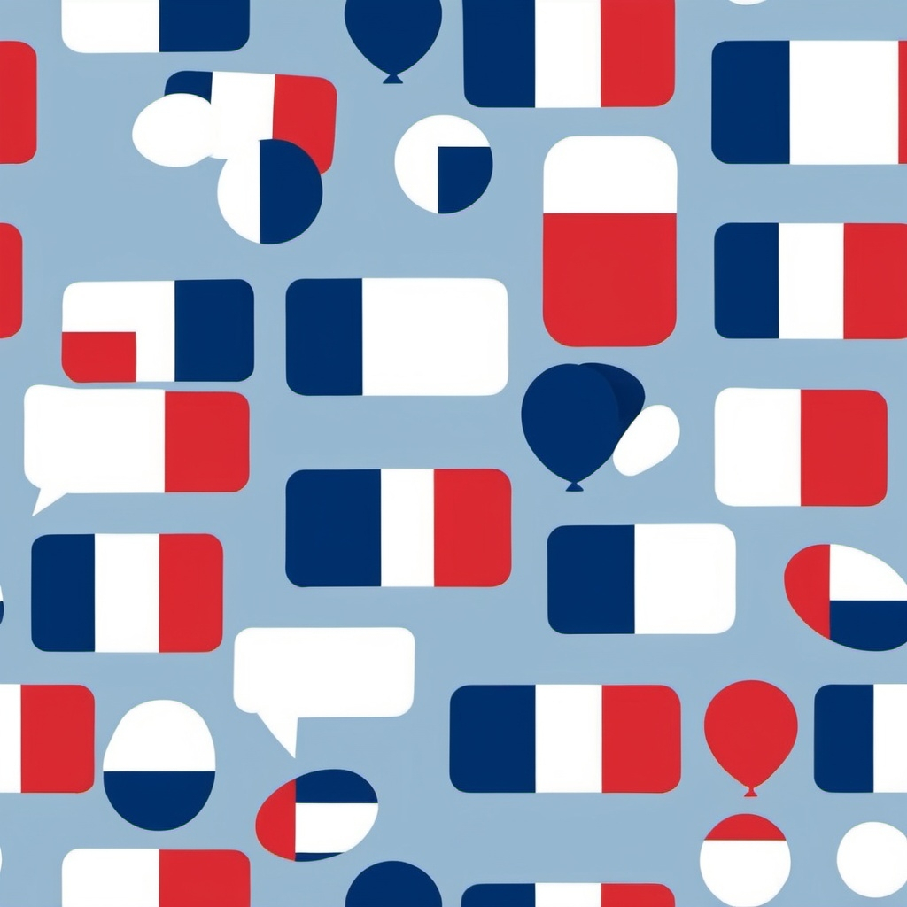 A simple vector illustration of many bubbly shapes with the colors of the French flag (blue, white, and red), among a light blue background.