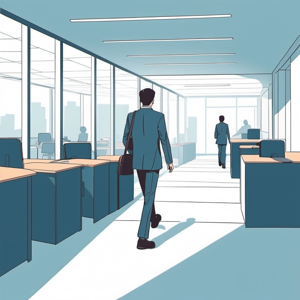 An illustration of a man in a suit walking down an office hallway with a briefcase over his shoulder.