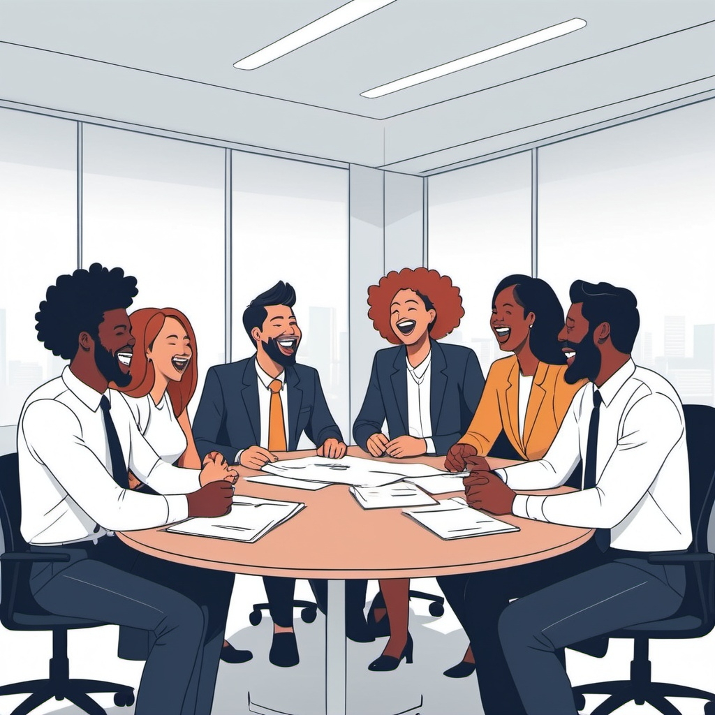 An AI-generated illustration of six workers all laughing in unison, sitting at a table with papers scattered about.