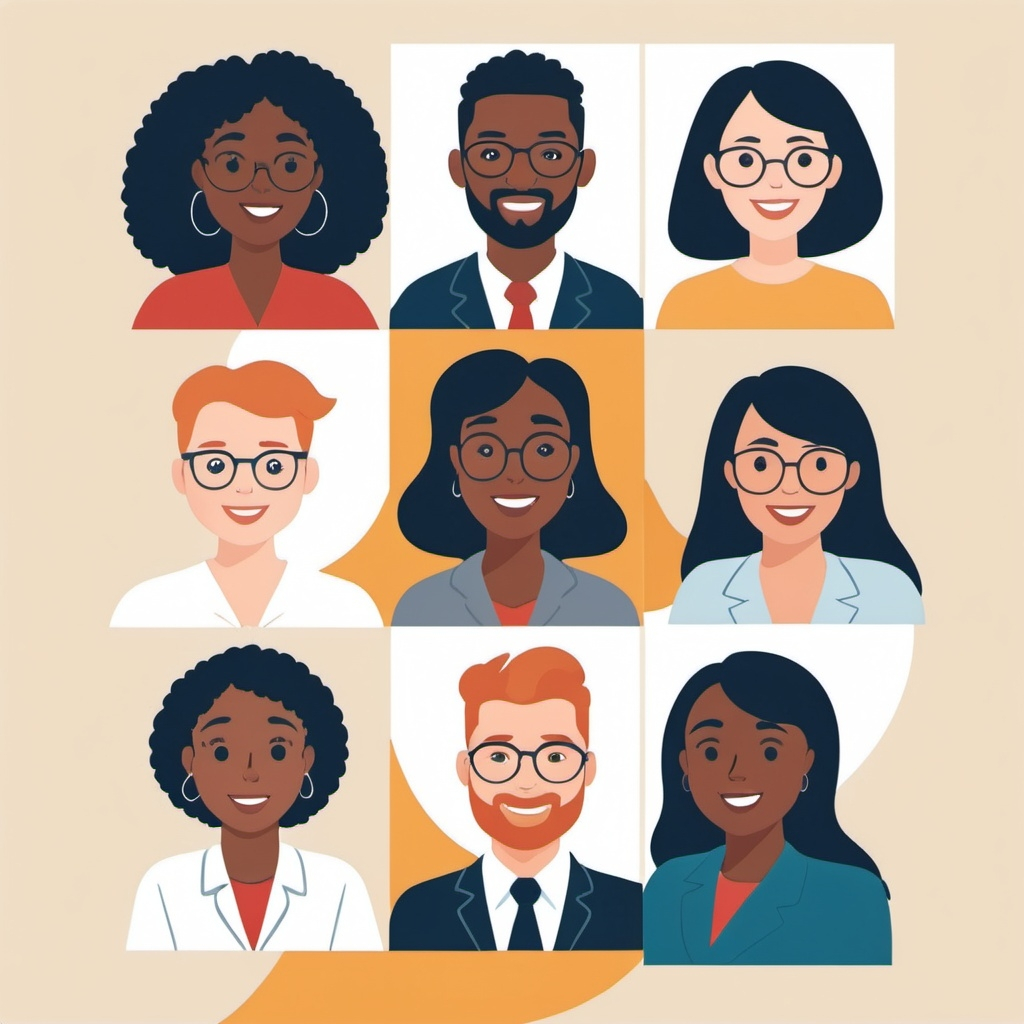 A vector illustration of six diverse professionals looking forward in a "Brady-Bunch" like square grid and smiling.