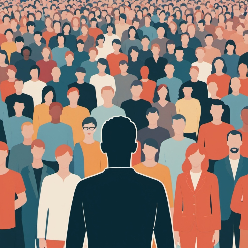 A simple vector illustration of a man's silhouette standing facing a large crowd of faceless people looking at him.