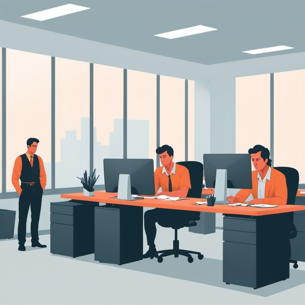 An illustration of three men in an office, two of whom are sitting at a desk with blank expressions on their faces, and one standing with his hands in his pockets.