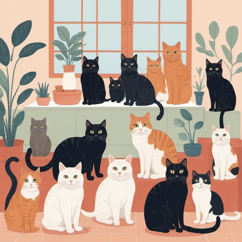 An illustrated image of a multiple cat household