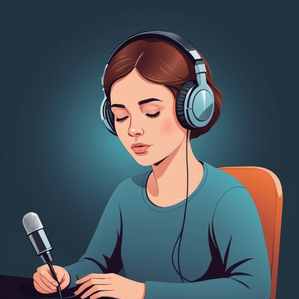 A simple vector illustration of a young woman with headhphones on holding on to a microphone with her eyes closed.