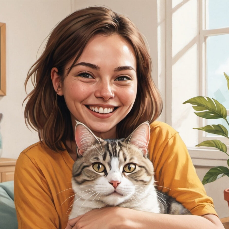 An illustrated image of a young woman with brown hair  holding a cat, smiling and looking content.