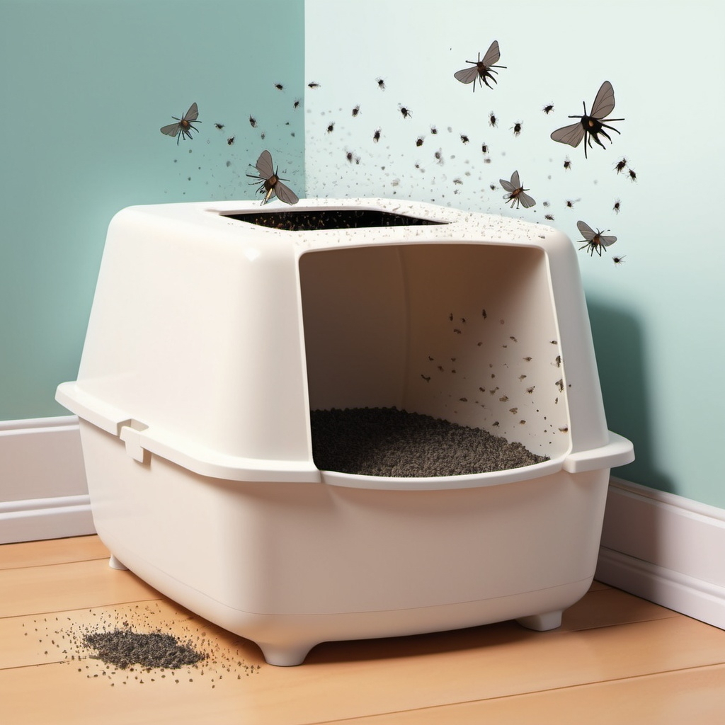 An illustrated image of a cat litter box with small flies buzzing around and some litter outside the box on the floor