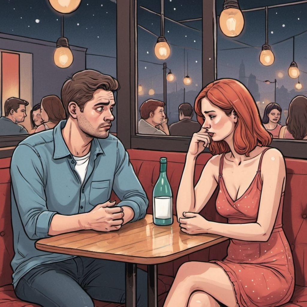 A vector illustration of a couple at a restaurant with both individuals looking uncomfortable and anxious.