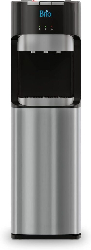 A product image of the Brio water dispenser, silver in color with black toward the top, with three spouts, one for hot water, one for warm temperature water, and one for cold.