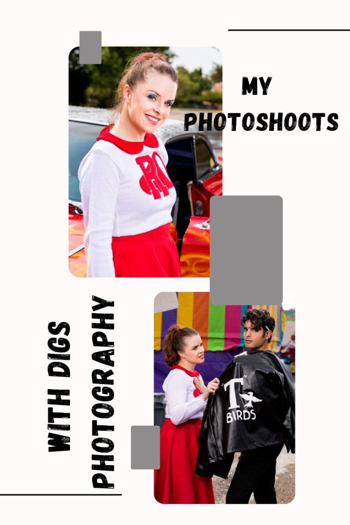 An image with photos of Maddie's Grease-themed photoshoot where she is dressed as Patti Simcox from the movie of the same name, with embedded text that says "my photoshoots with DIGS Photography". She wears a poodle skirt and white cheerleading sweater from the 1950s.