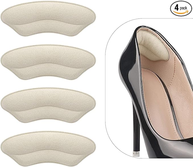 A product image of a 4-pack of heel pads for the interior heel of shoes to keep them from sliding around.