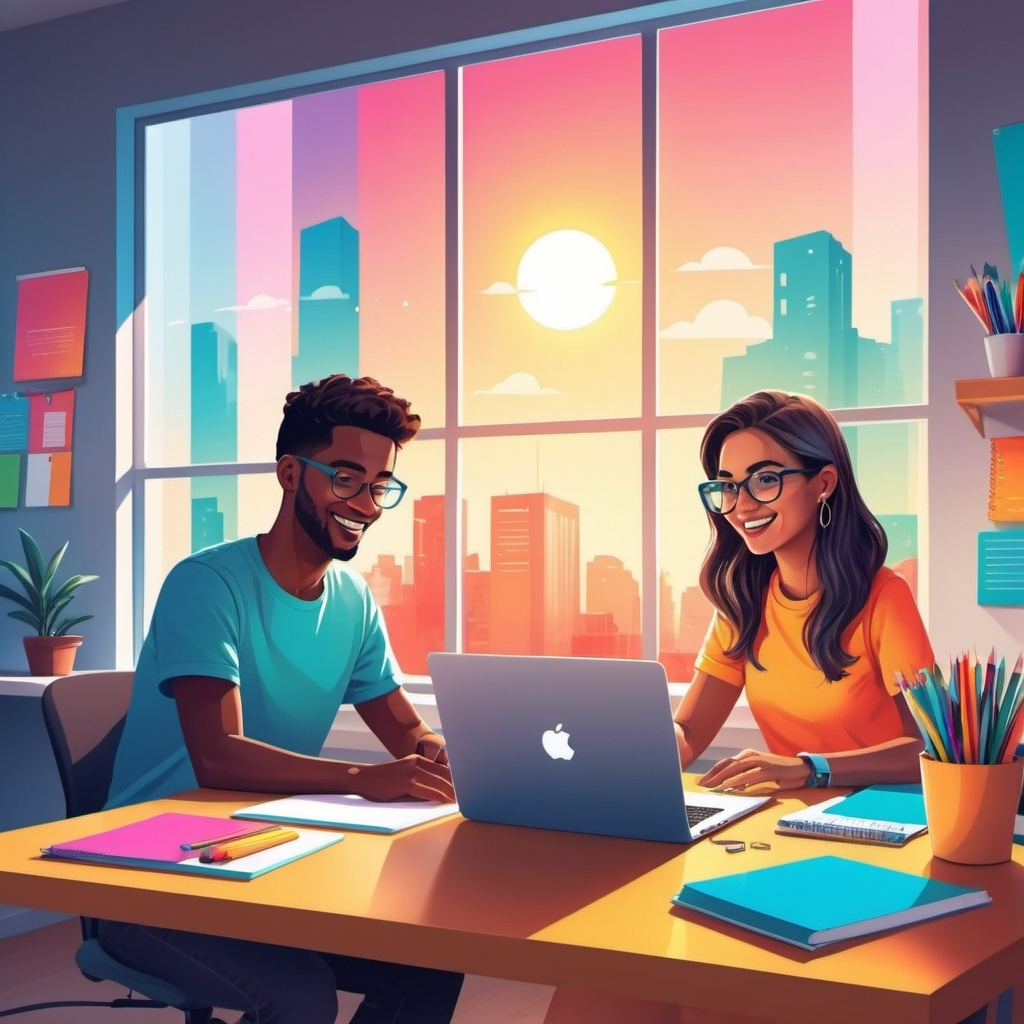 A colorful illustration of two friends sitting at a desk with one of them working on an apple laptop, and the other looking at the laptop.