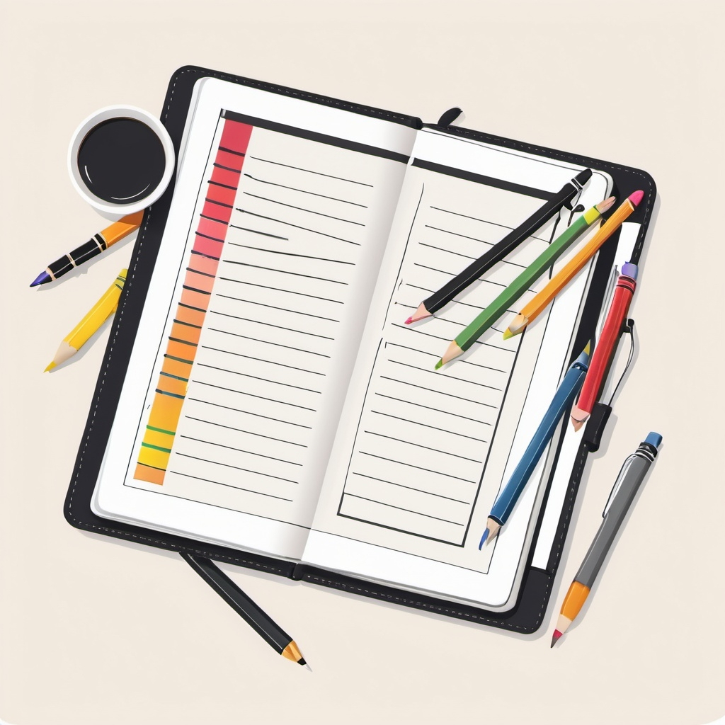 A simple vector image of a notebook with pencils and pens lying around it.