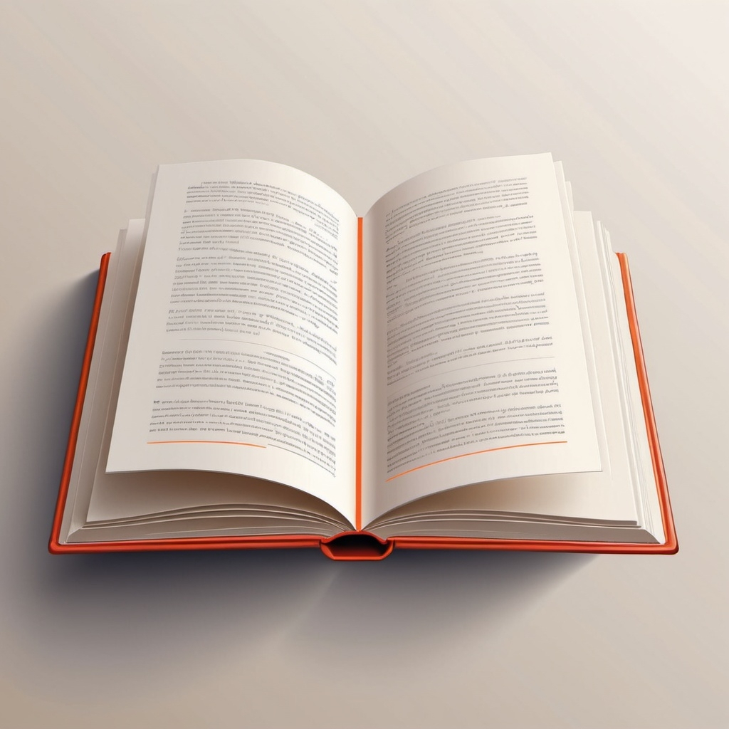 An illustration of an open hardcover book with an orange spine