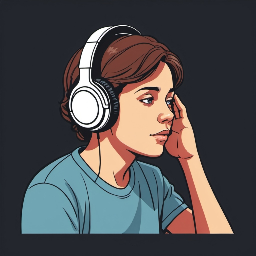 A simple illustration of a young woman listening to something with headphones on, with her left hand up at her left ear.