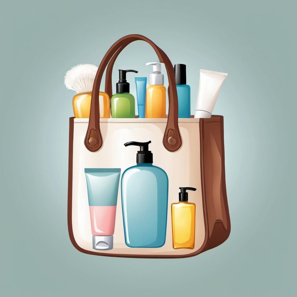 A vector illustration of a see-through tote bag with various toiletries and beauty products inside and sticking out of it.