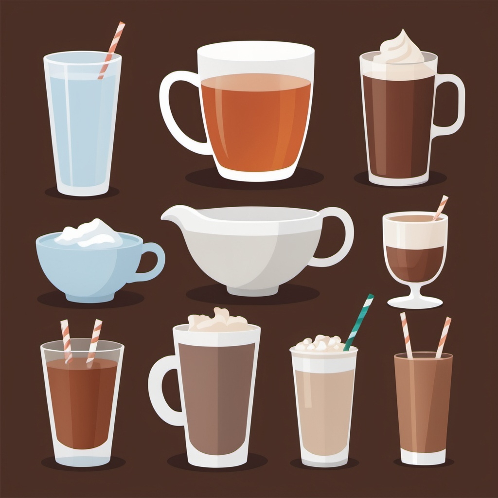 An image with a brown background of several different types of drinks, including tea, water, and hot cocoa.