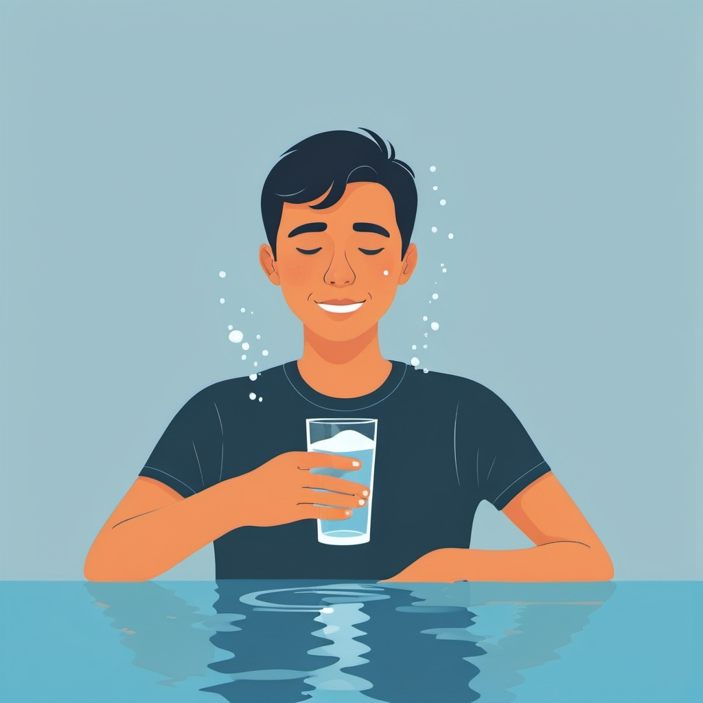 An illustrated image of a man drinking a glass of water, looking happy, in front of a pool of water