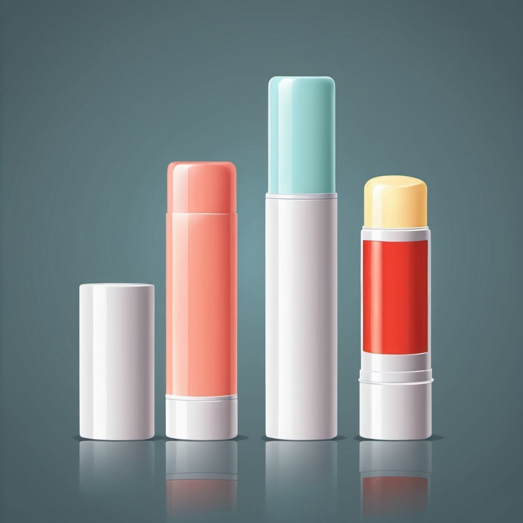 A vector illustration of several tubes of chapstick standing up against a grayish blue background.