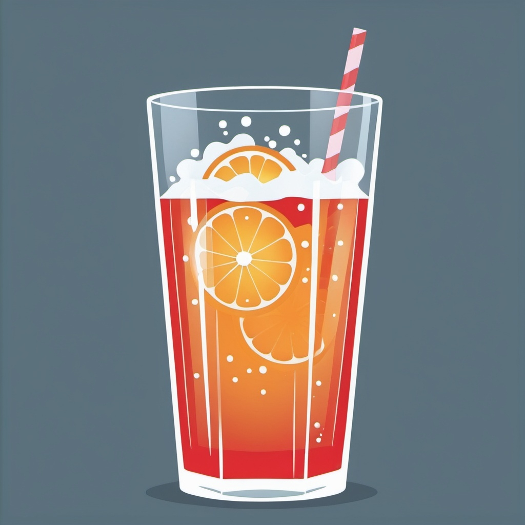 A simple vector image of a fizzy orange drink with orange slices and a straw.