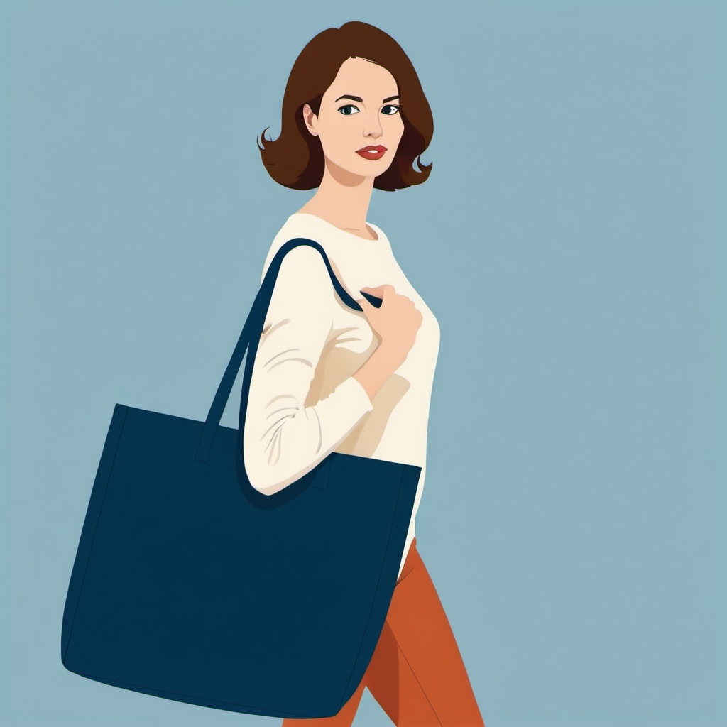 A vector illustration of a woman with short brown hair walking while carrying a large blue tote bag on her right shoulder.