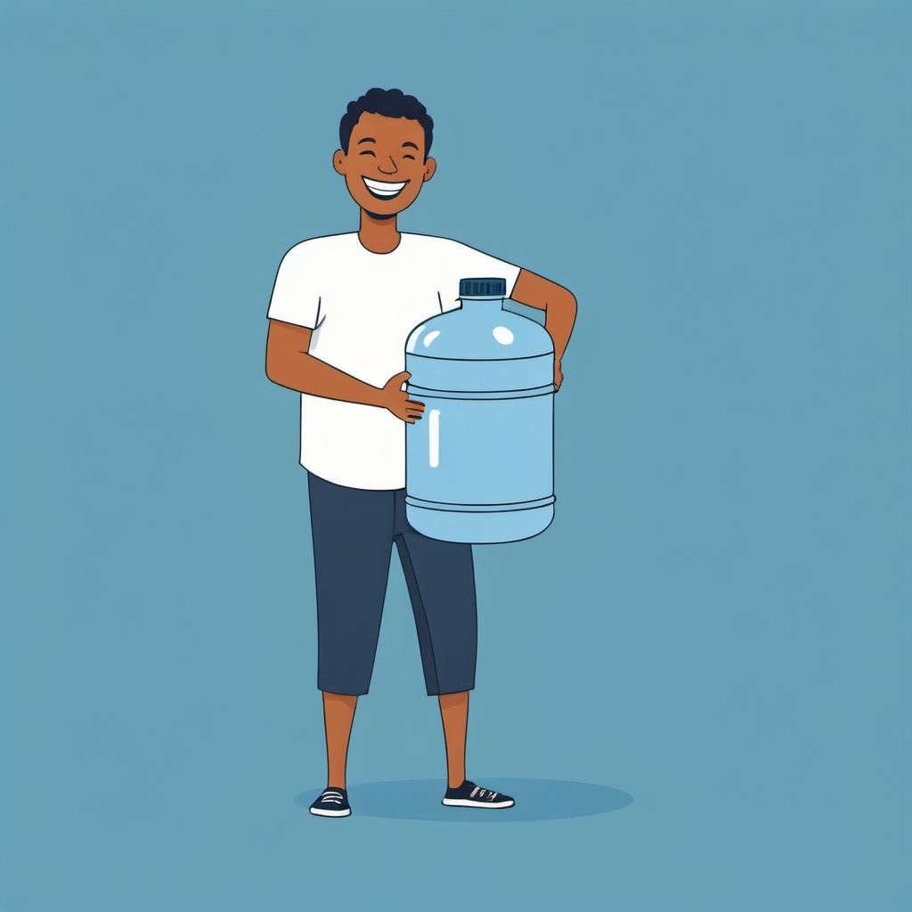 An illustrated image of a young man holding a 5-gallon water jug and smiling