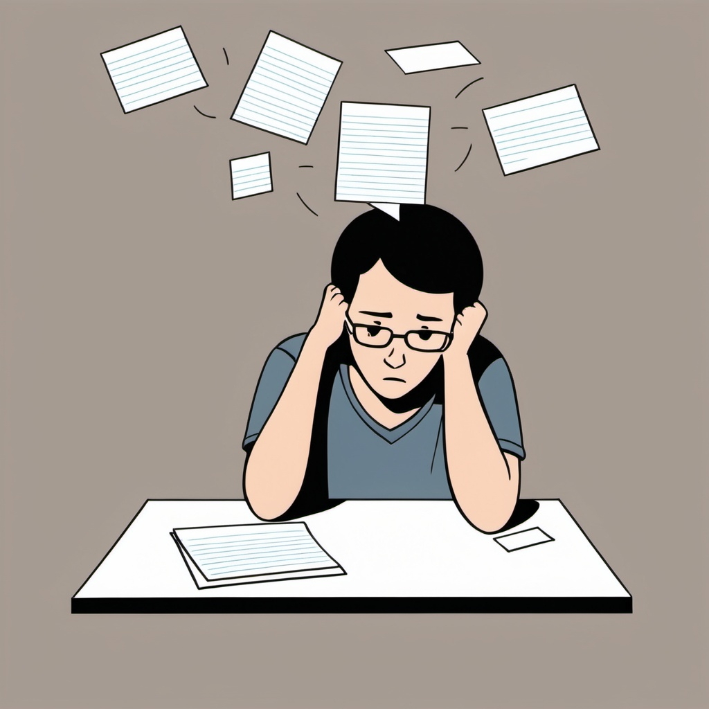 An illustration of a woman with black hair and glasses looking down at pieces of paper, appearing frustrated, with pieces of lined paper flying around her head.